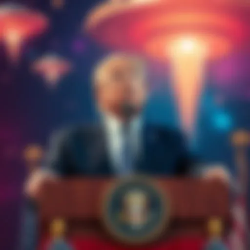 Former President Trump standing at a podium, making an announcement about extraterrestrial life, with a backdrop of UFOs and stars