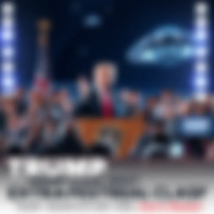 President Trump at a podium discussing extraterrestrial claims, with a crowd reacting in mixed emotions.