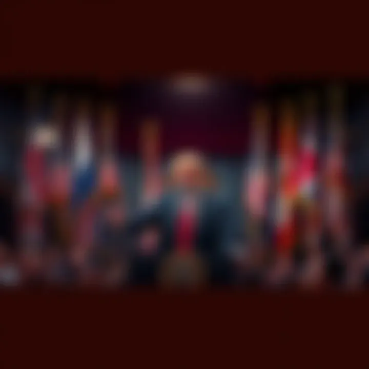 President Trump speaking at a podium about extraterrestrial information, surrounded by flags and a crowd of people watching.