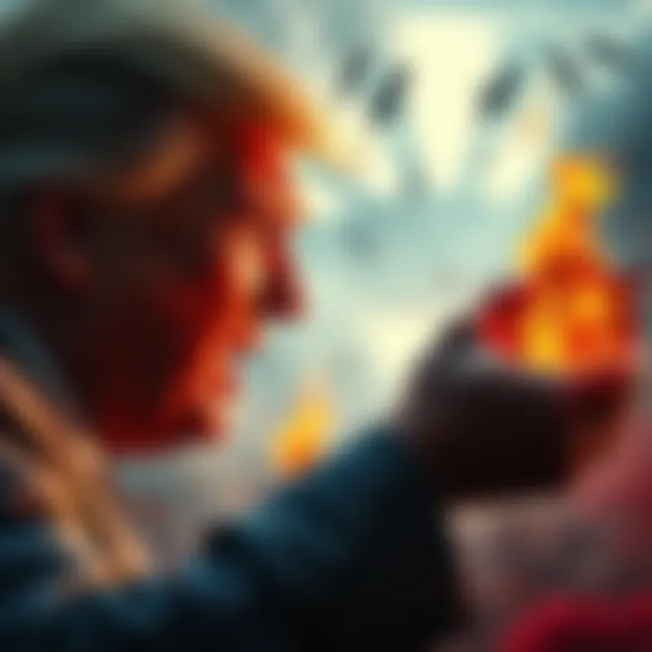 A symbolic representation of political conflict with visual metaphors for downfall and survival