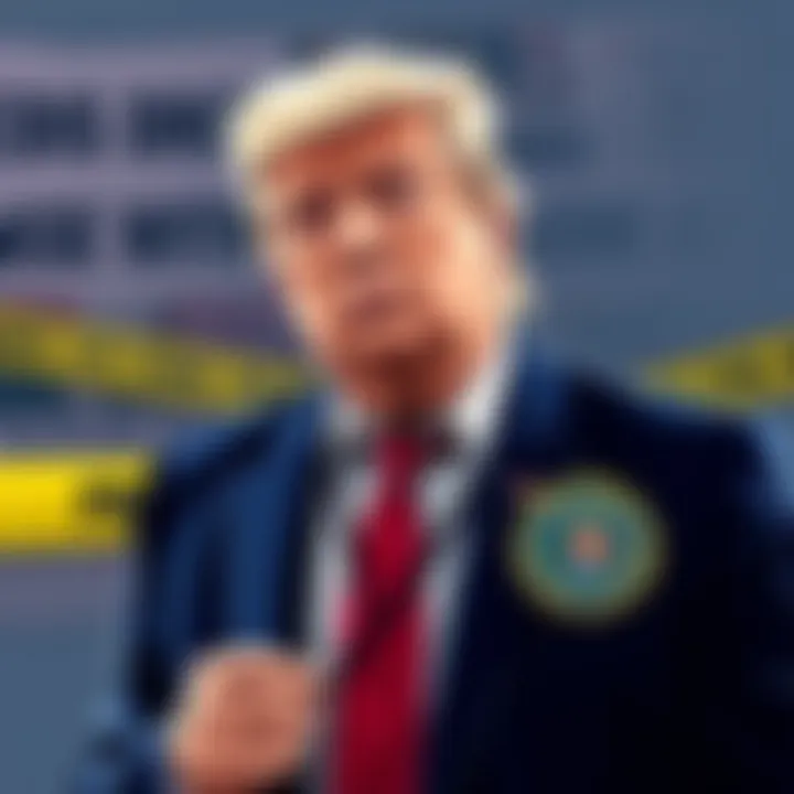 Illustration showing Donald Trump with FBI badge, representing his alleged role as an informant against Jeffrey Epstein, with a background of police tape and headlines about Epstein's case.