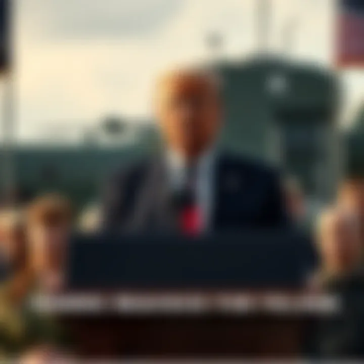 Trump Proposes Military Service for Felons Donald Trump speaking at a podium with a military backdrop, promoting his proposal for felons to serve in the military, while supporters listen attentively.