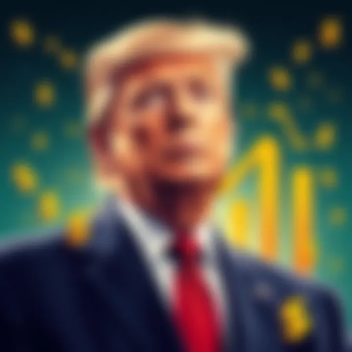 Illustration of President Trump with increasing financial graphs and dollar signs to show net worth growth