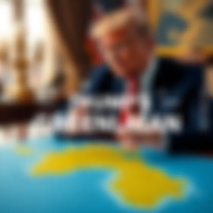 Trump in a suit speaking about Greenland, with a map of the region on a table