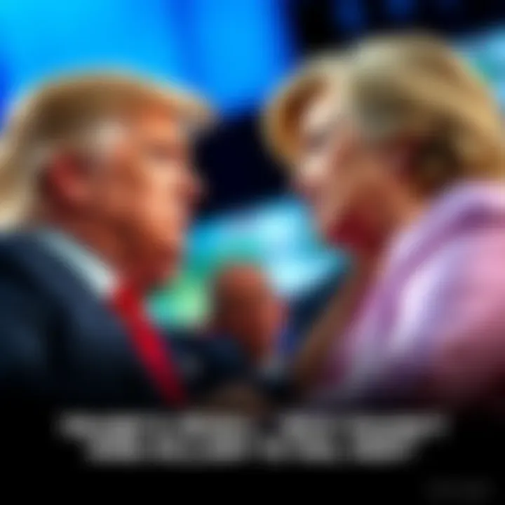 Trump and Hillary Debate Former President Trump and Hillary Clinton during a debate with contrasting expressions, highlighting their political rivalry.