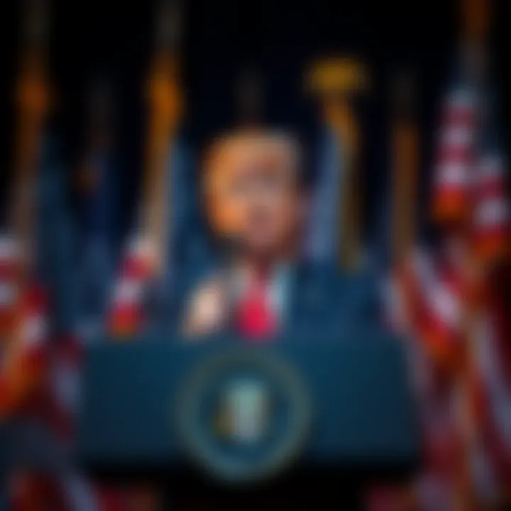 Donald Trump at a podium speaking about proposed changes to holidays honoring African Americans, with a backdrop of American flags.