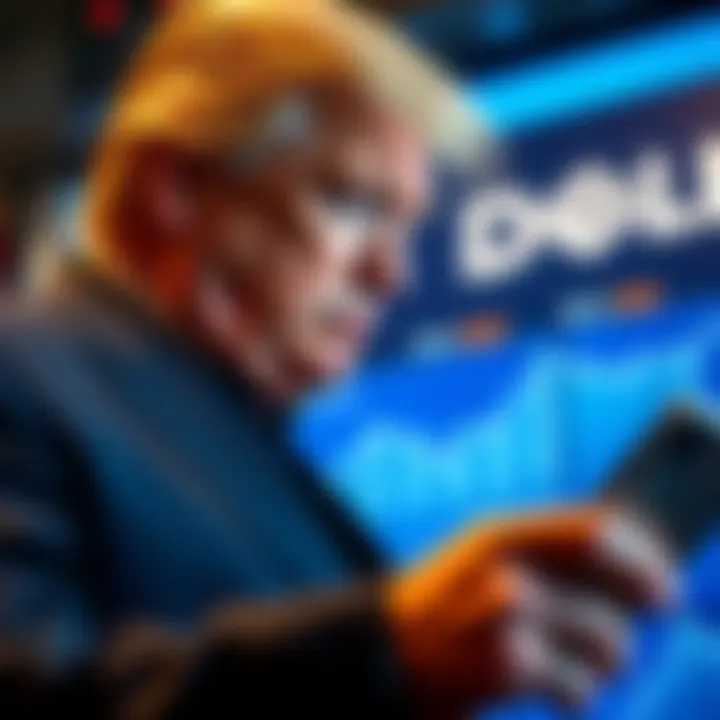 Trump Investing in Dell Stock Donald Trump seen checking stock prices with Dell logo in the background, highlighting his recent investment before Pentagon deal