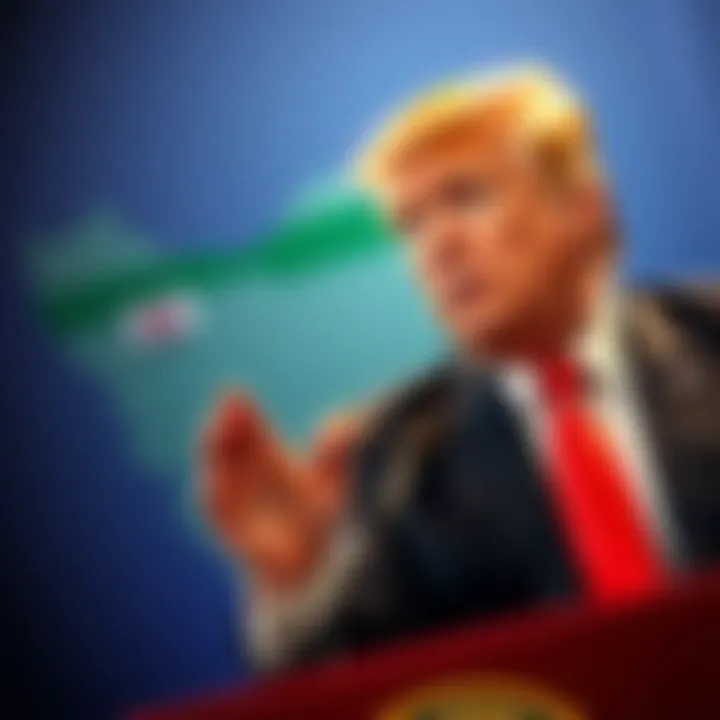 Donald Trump gestures during a speech, with a map of Iran in the background emphasizing military and oil interests