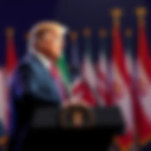 President Trump speaking at a podium about the war in Iran, flags in the background.