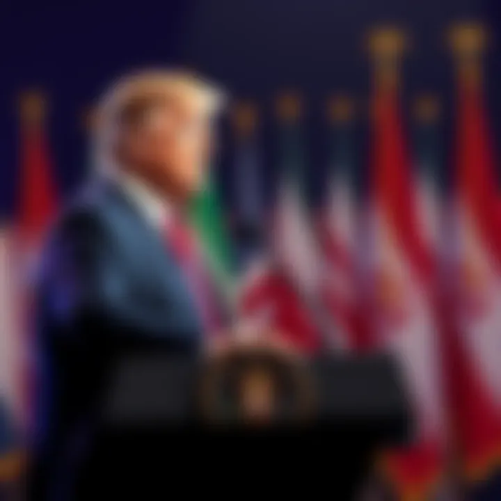 President Trump speaking at a podium about the war in Iran, flags in the background.