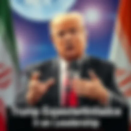 Donald Trump speaking at a podium with a confused expression, graphics of Iranian flags and leadership titles in the background