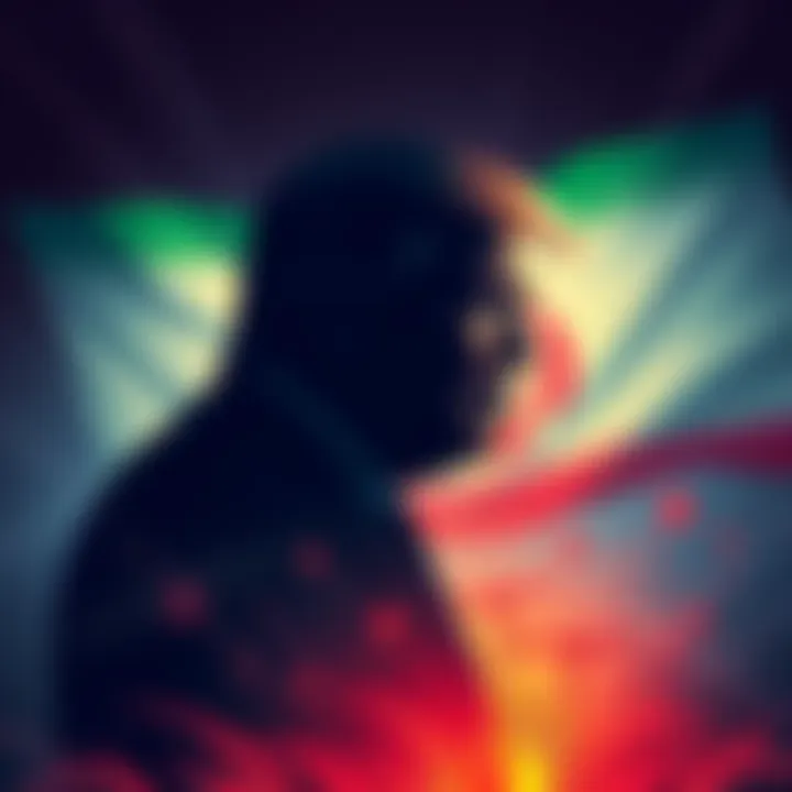 An illustration showing a silhouette of Trump with a backdrop of Iran's flag and headlines about geopolitical issues, symbolizing tension.