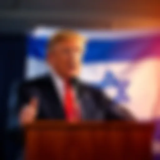 Donald Trump speaking at a podium with an Israeli flag in the background, suggesting he could run for Prime Minister of Israel.
