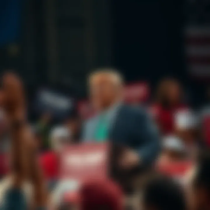Donald Trump speaking at a Labor Day rally, surrounded by supporters holding signs.