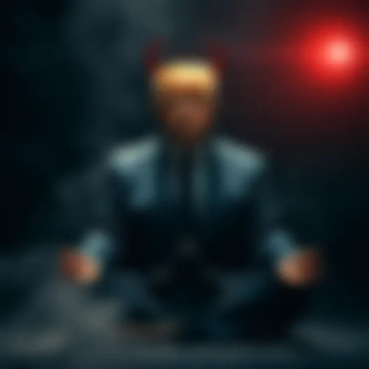 A depiction of a man resembling Donald Trump meditating with dark shadows surrounding him, symbolizing a connection to demonology and politics.