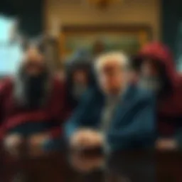 Donald Trump sitting with two unusual-looking people, sparking debate about their identities and possible connections to Nordic messengers.