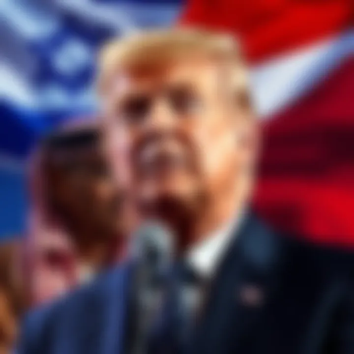 Donald Trump advocating for Middle Eastern countries like Saudi Arabia and Qatar to normalize relations with Israel, with a backdrop of flags from these nations and Israel.