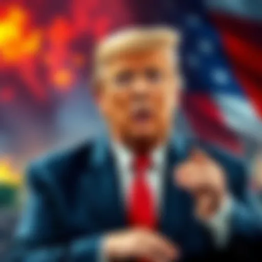 Donald Trump speaking about military intervention in Iran, with a backdrop of the American flag and oil rigs