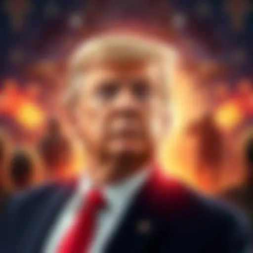 Former President Trump standing in front of a military backdrop, with images of military action and religious symbols around him, suggesting a connection to a divine mission.