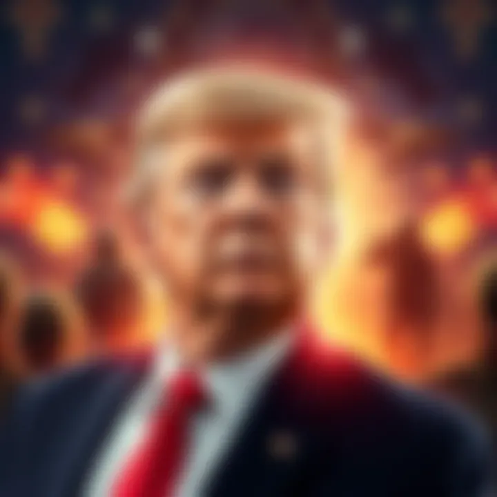 Former President Trump standing in front of a military backdrop, with images of military action and religious symbols around him, suggesting a connection to a divine mission.