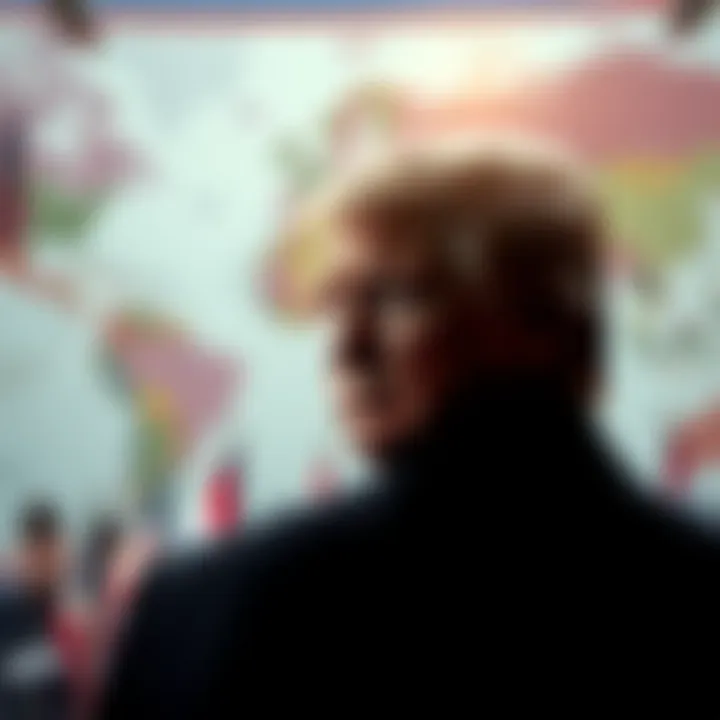 Former President Trump in front of a large military map, pondering global conflict, with flags and soldiers in the background.