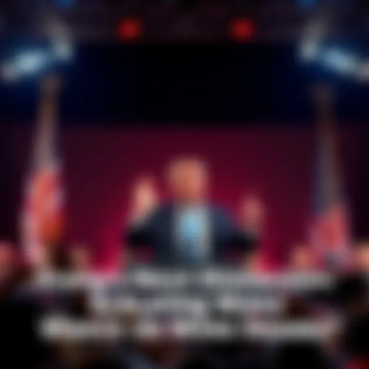Trump in front of a military backdrop Former President Trump stands on a stage with a military flag behind him, surrounded by supporters, as he speaks energetically about foreign policy and potential military action.