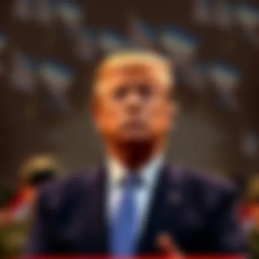 Trump stands in front of a military backdrop, looking serious while addressing young men in the audience, symbolizing the connection between war strategy and political distraction.