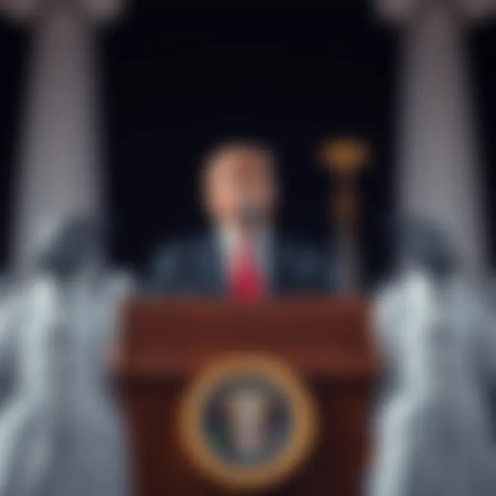 President Trump speaking at a podium about missing and dead scientists in critical roles