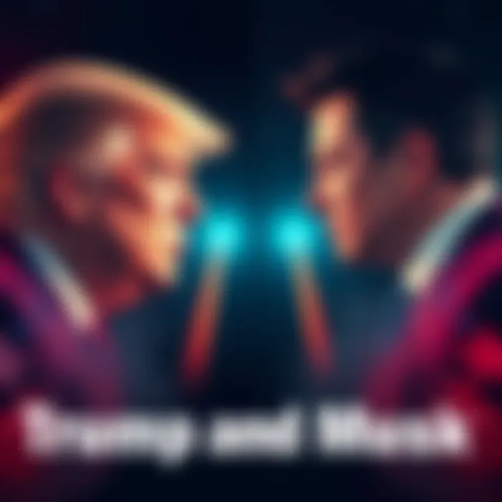 Trump and Musk Feud Trump and Musk facing off in a dramatic setting, showcasing their rivalry in politics