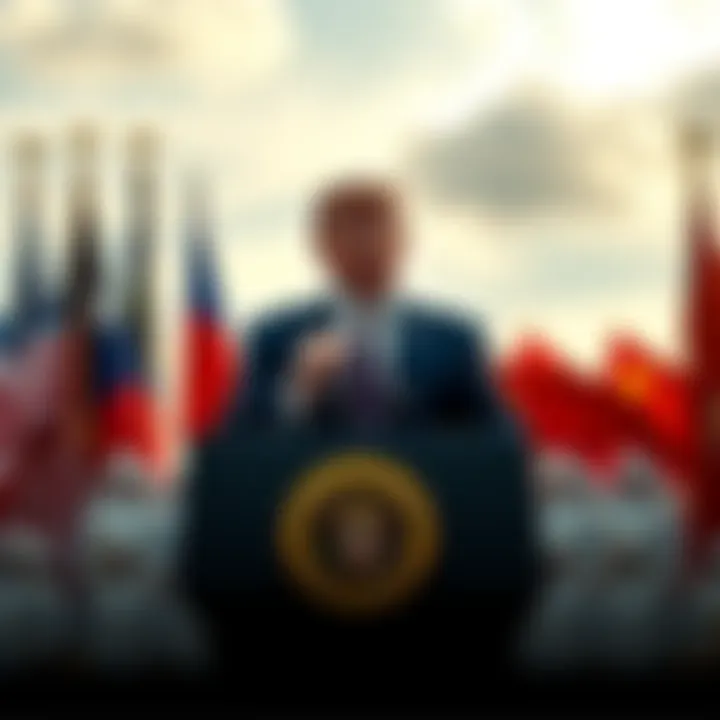 President Trump at a podium announcing nuclear test plans, with flags of the USA, Russia, and China in the background