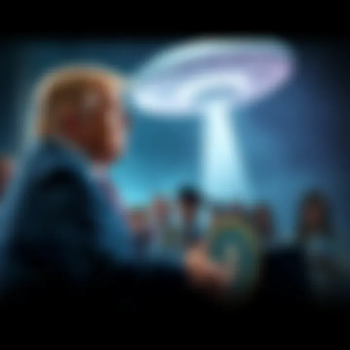 Former President Trump speaks on Pentagon's UFO access with a crowd behind him, while Representative Burchett stands nearby, raising questions about alien spacecraft.