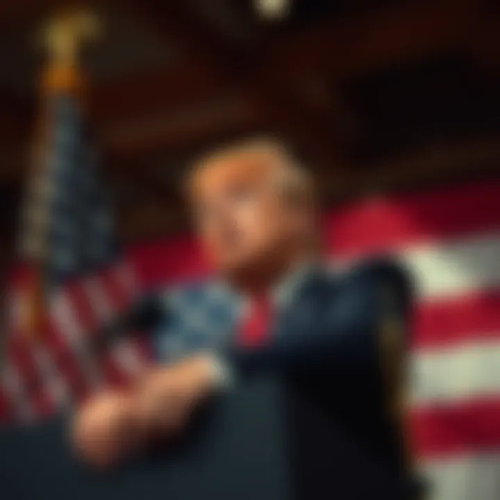 Donald Trump speaking at a podium with an American flag in the background