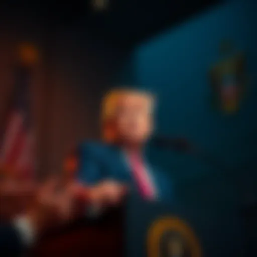 President Trump speaking at a podium with a serious expression, highlighting a shift in leadership since January.