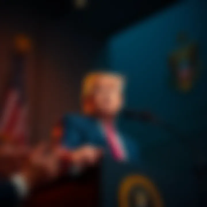 President Trump speaking at a podium with a serious expression, highlighting a shift in leadership since January.