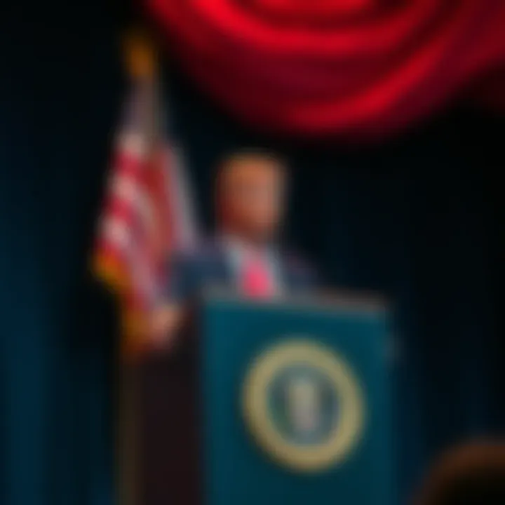 Donald Trump speaking at a podium with an American flag, addressing claims about aliens
