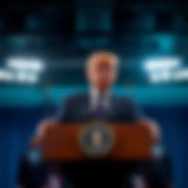 Former President Trump stands at a podium, showing a distant expression as he discusses security funding