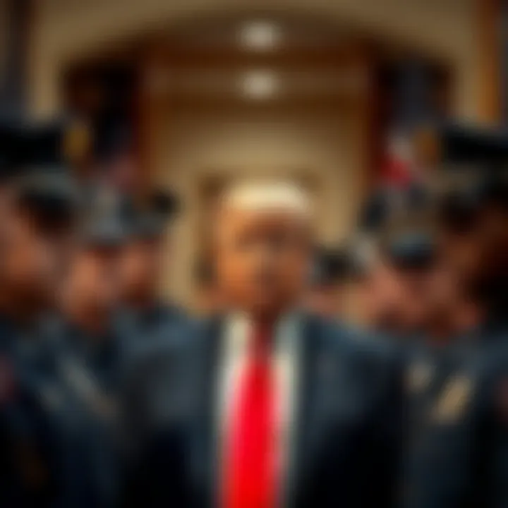 President Trump standing with police officers in a formal setting, discussing law enforcement and public safety issues.