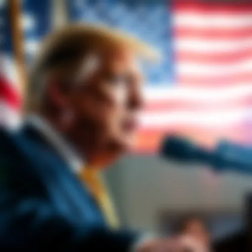 Former President Trump speaking at a press conference with an American flag in the background