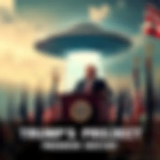 President Trump stands at a podium announcing his UFO initiative, surrounded by flags and supporters, with a UFO graphic in the background.