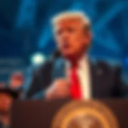 Former President Trump stands at a podium addressing the crowd, wearing heavy makeup and showing animated expressions.
