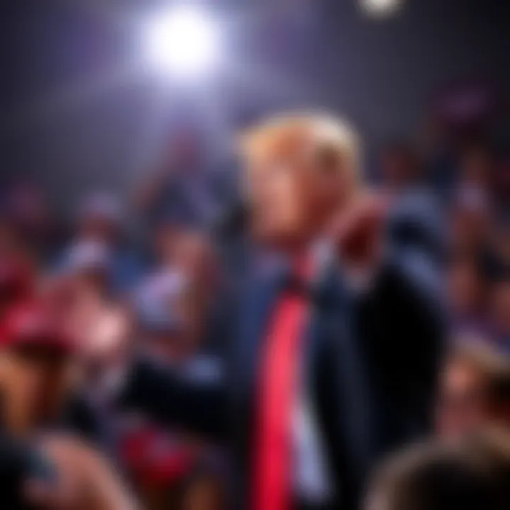 Donald Trump addressing supporters at a political rally, showing his signature gestures and expressions