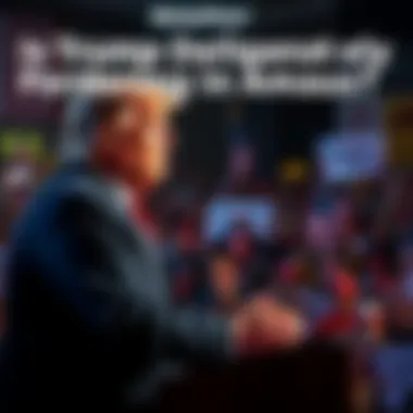 President Trump speaking to a large crowd at a rally, with supporters holding signs in the background