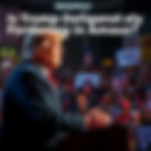 Trump speaking at a rally President Trump speaking to a large crowd at a rally, with supporters holding signs in the background