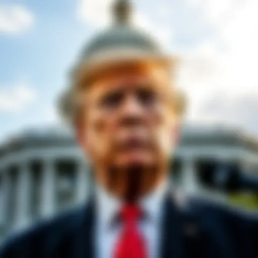 Former President Trump with a puzzled expression in front of a government building, symbolizing his reluctance to address UAP topics.