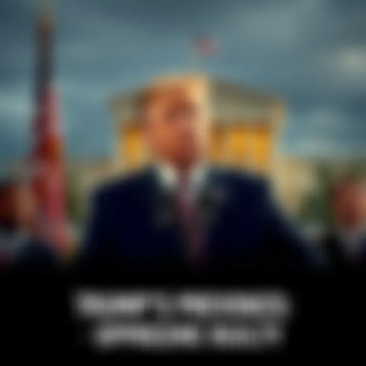 Former President Donald Trump announcing the revocation of a Supreme Court ruling at a press conference, with a backdrop of the U.S. flag and the Supreme Court building visible.