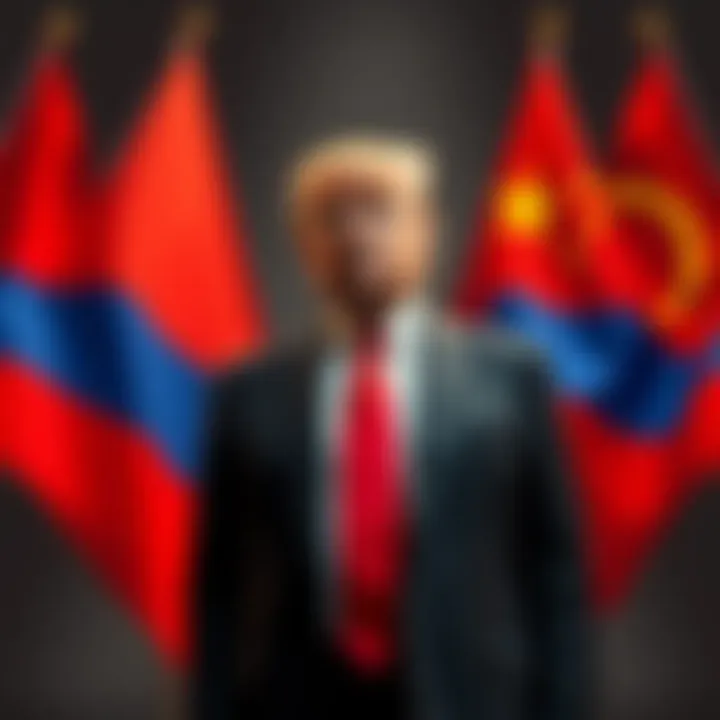 President Trump stands with flags representing Russia and China, symbolizing recent negotiations impacting global politics.