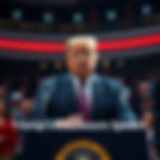 President Trump speaking at a podium with an audience in the background during his disclosure speech.