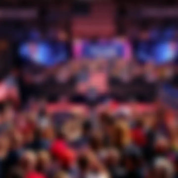 A crowd gathered at a rally holding banners and flags in anticipation of a speech by President Trump.