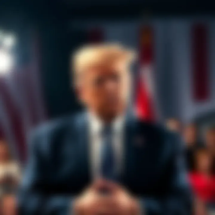 Former President Donald Trump preparing to deliver an important speech with an audience gathered.