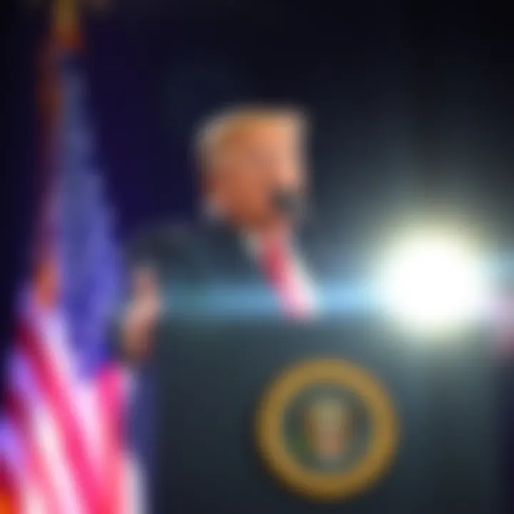 Trump Speaking at a Podium Donald Trump delivering a speech on church and state separation at a podium with an American flag in the background
